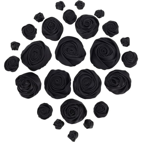 26Pcs 3D Rose Flower Applique 4 Sizes Satin Fabric Floral Sew Iron on Patches Blooming Flower Bud Applique for DIY Sewing Craft Embroidery Clothes Wedding Dress Decoration Patches Black Black