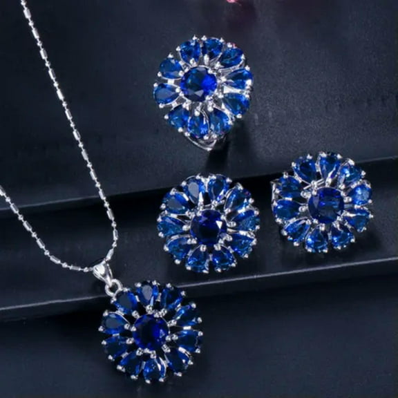 Unique Royal Blue CZ Big Flower Earrings Necklace and Ring Jewelry Set for Women
