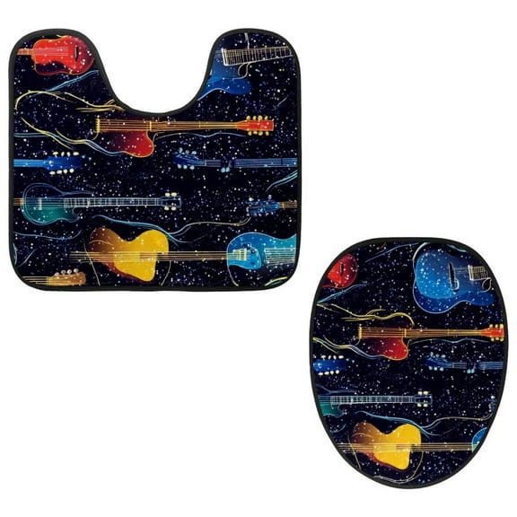 PhooArto Toilet Lid Cover and U-Shaped Toilet Floor Mat Set of 2 Pieces, Guitar Galaxy Pattern Toilet Mat Set, Machine Washable Seat Covers Non-Slip Absorbent Rugs