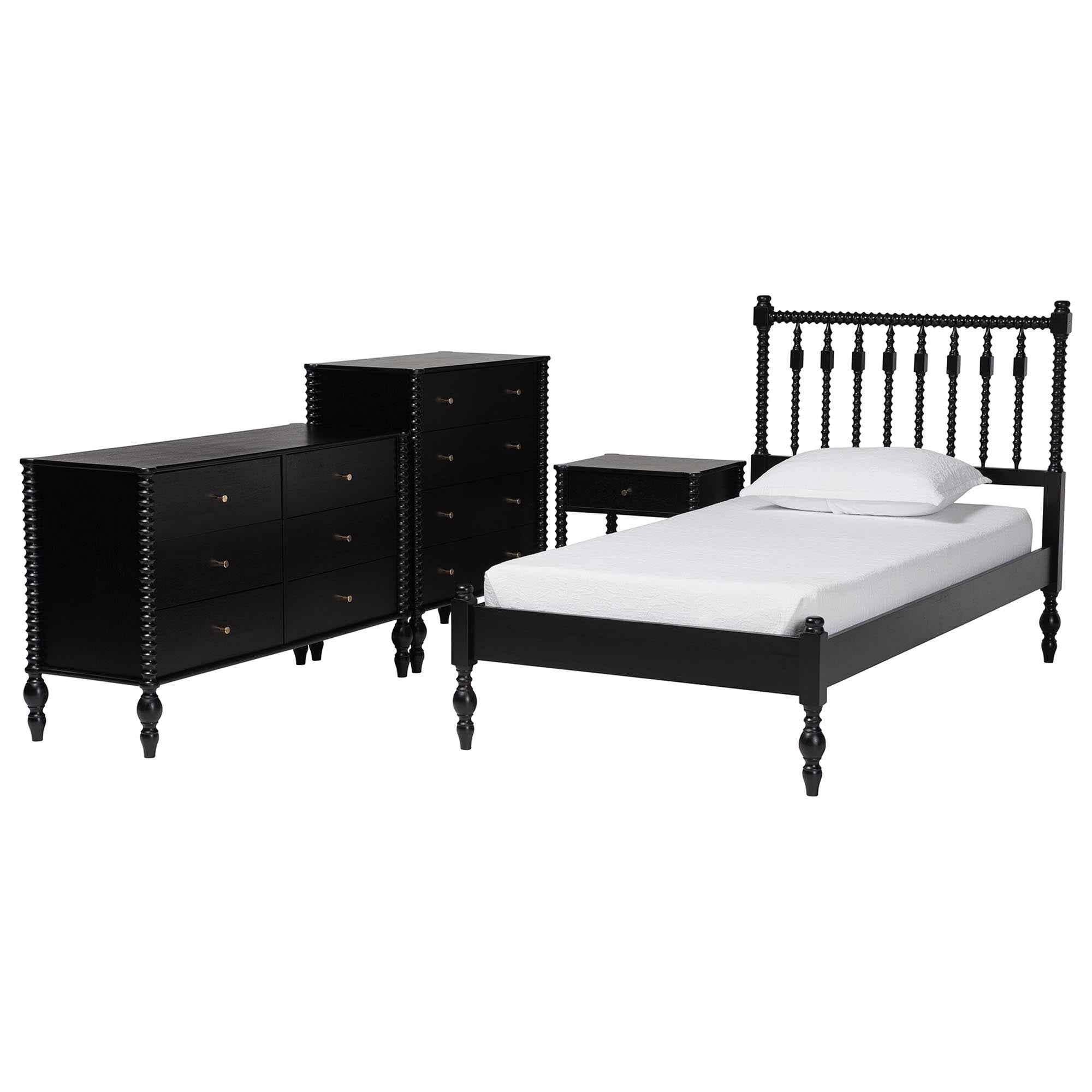 Baxton Studio Denita Farmhouse Bedroom Set, Twin, 4-Piece, Black