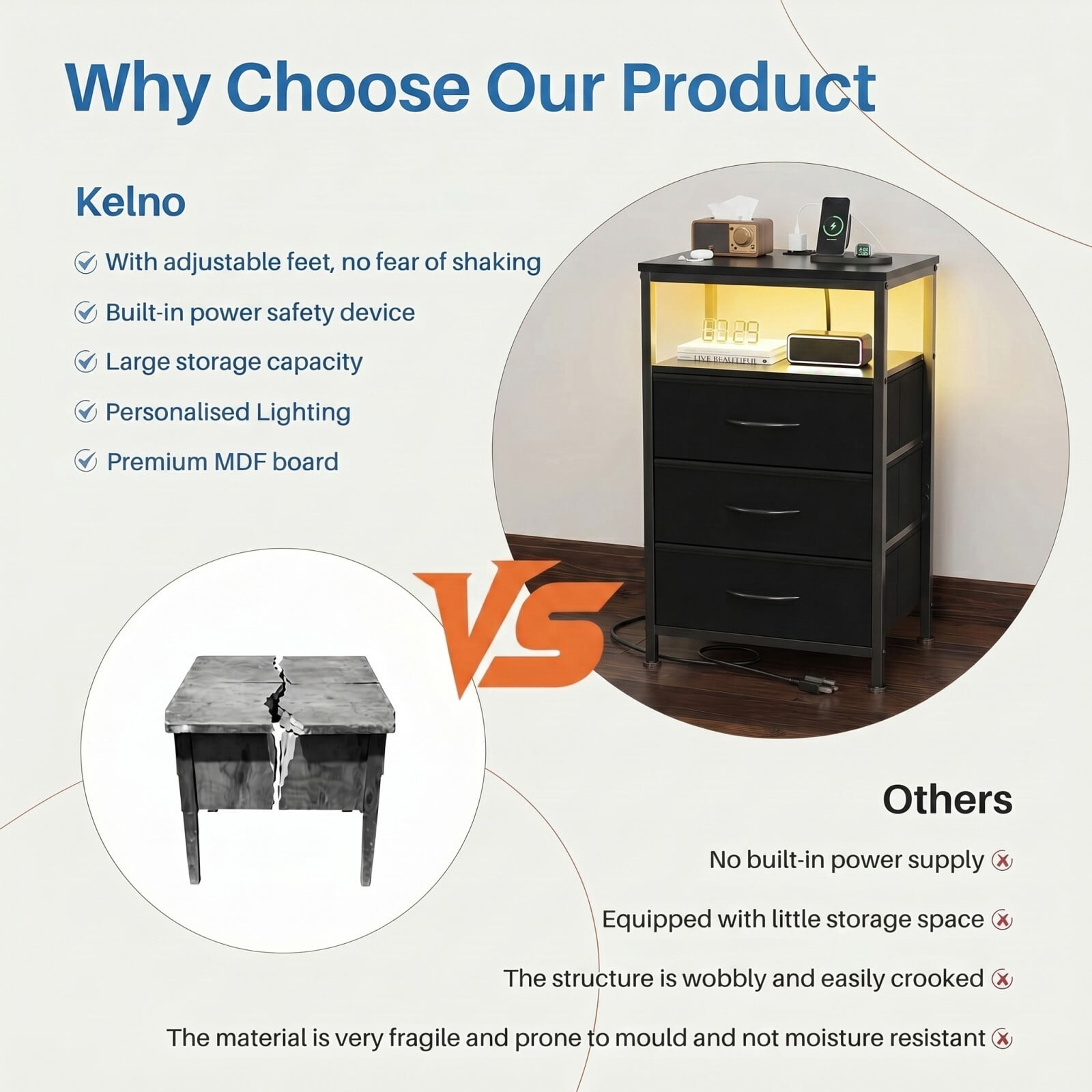 Kelno 3-Drawer Nightstand with Charging Station AC Outlets LED Light Dresser Bedside Table, Black