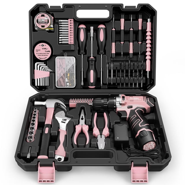Kit de herramientas Sundpey 206 piezas con taladro eléctrico inalámbrico de 12 V, color rosa