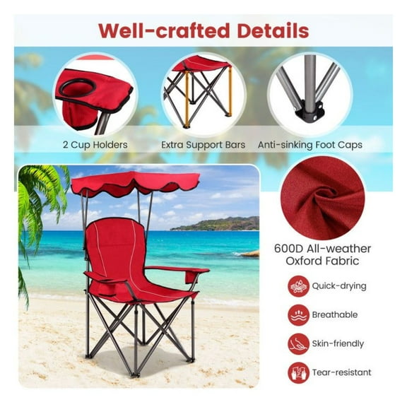 Folding Beach Chair with Canopy & Cup Holders - Portable Beach Camping Chair - Heavy Duty 265lbs Capacity - Outdoor Lounger for Park, Pool, Travel
