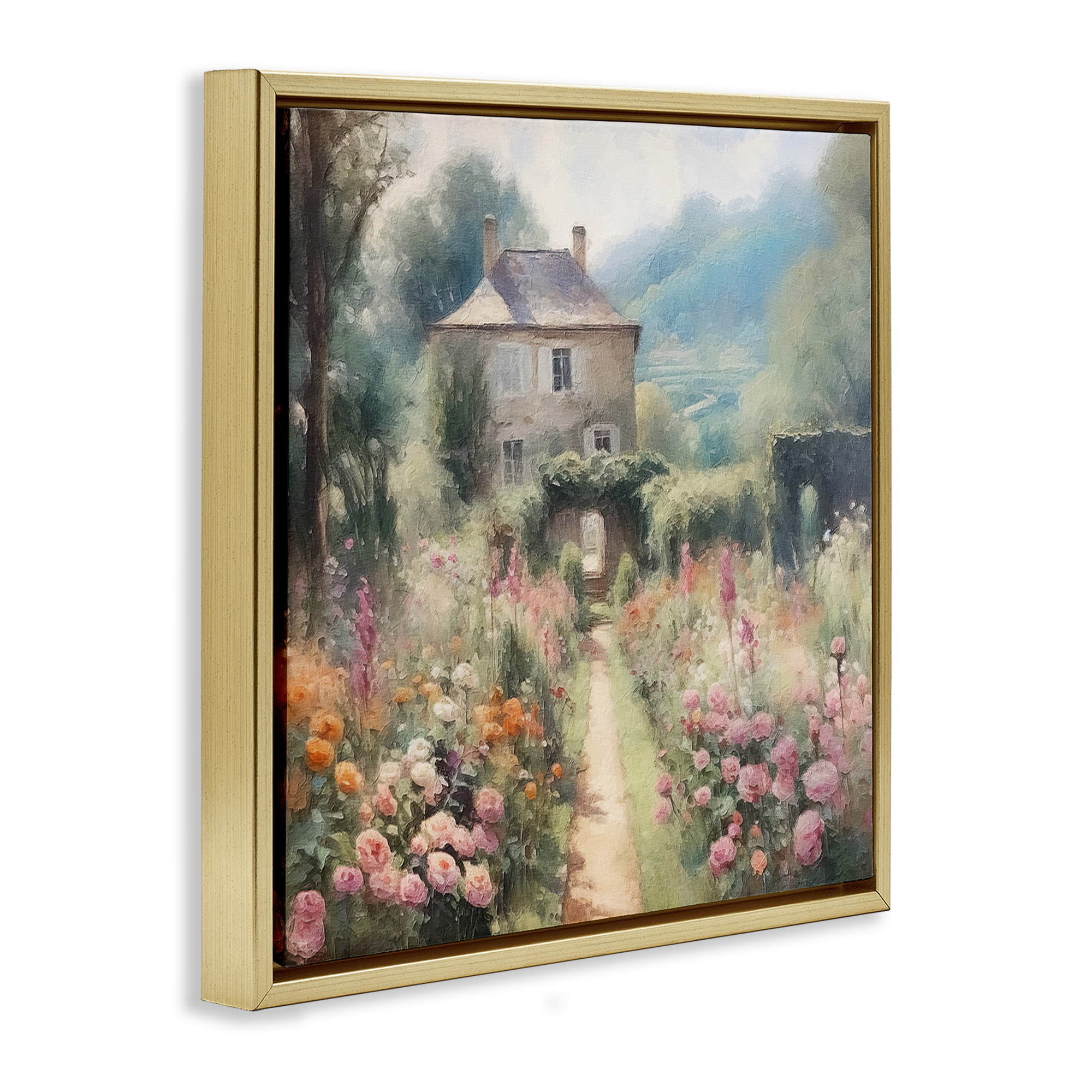 Stupell Industries Blooming Cottage Path Landscape Painting Gold Floater Framed Canvas Art Print Wall Art, 18 x 18