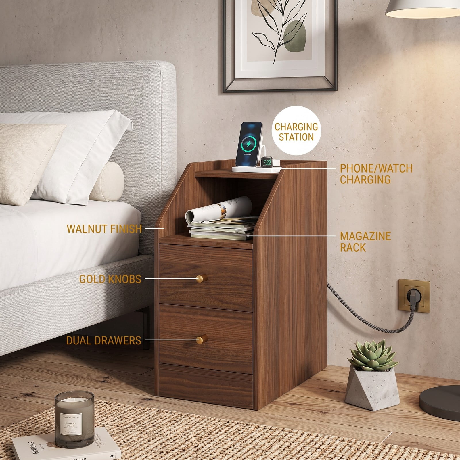 Furnibear Side End Table with Charging Station, Nightstand Sofa Couch Side Table with 2 Drawers, Open Shelf and Cable Hole for Living Room Bedroom, Walnut