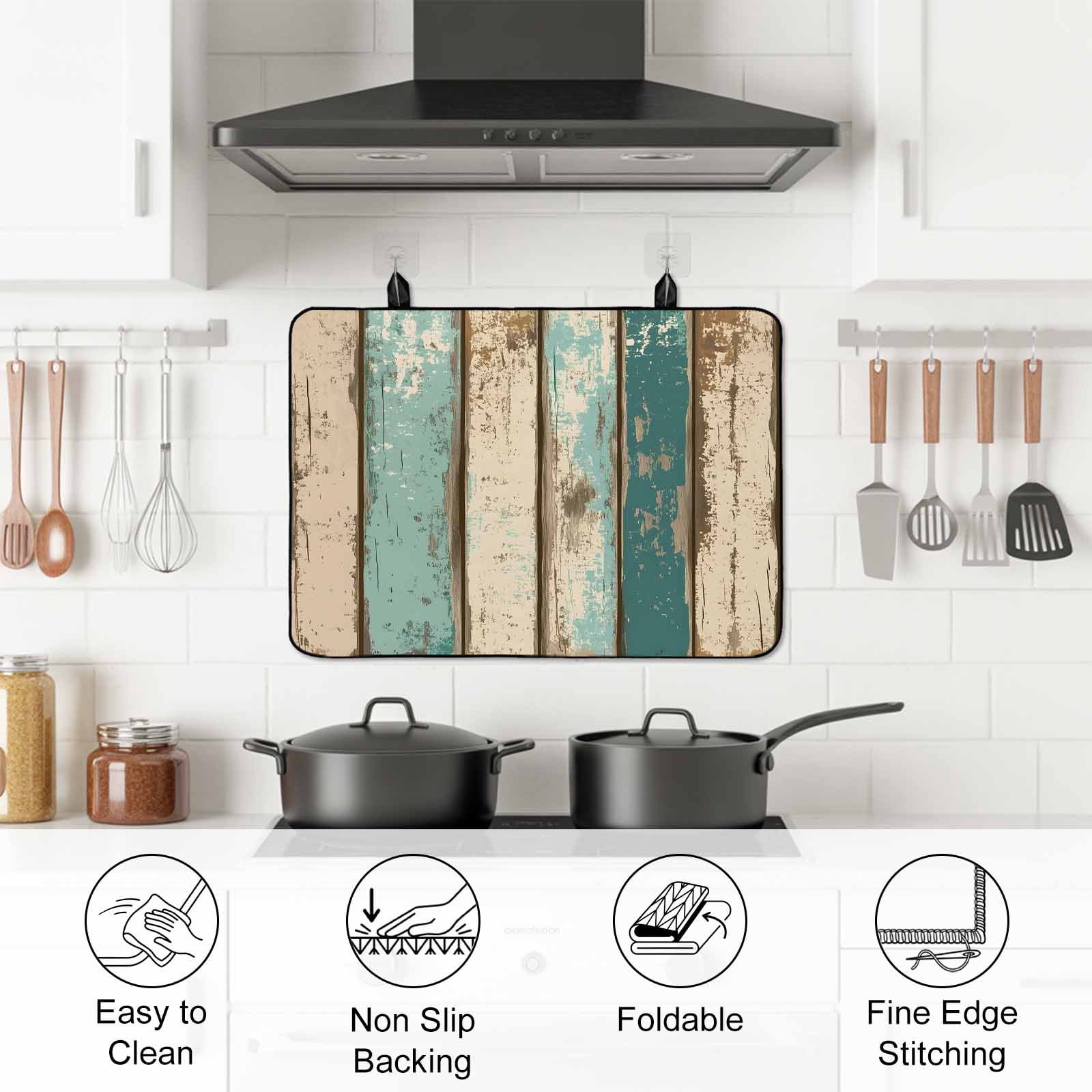 Farmhouse Teal Brown Stove Top Cover for Electric Stove, Heat-proof & Non Slip Glass Top Stove Cover Protector, Vintage Retro Ombre Wooden Kitchen Flat Cooktop Rubber Mat 24x21 Inches