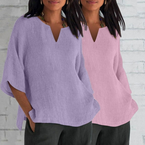 BVOFAR Cotton Linen 3/4 Sleeve Shirts for Women Solid Color Notch V Neck Tops Summer Plus Size T-Shirts Casual Loose Fit Tees 2 Pcs