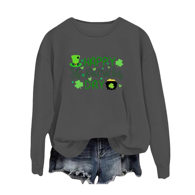 Fadeal Chandail en Molleton pour Femmes St Patricks Printemps Col Rond Imprimé Lettre St. Day Ample Décontracté Chandail à Capuchon St Patricks Day Chemise Femmes Gris Foncé TG