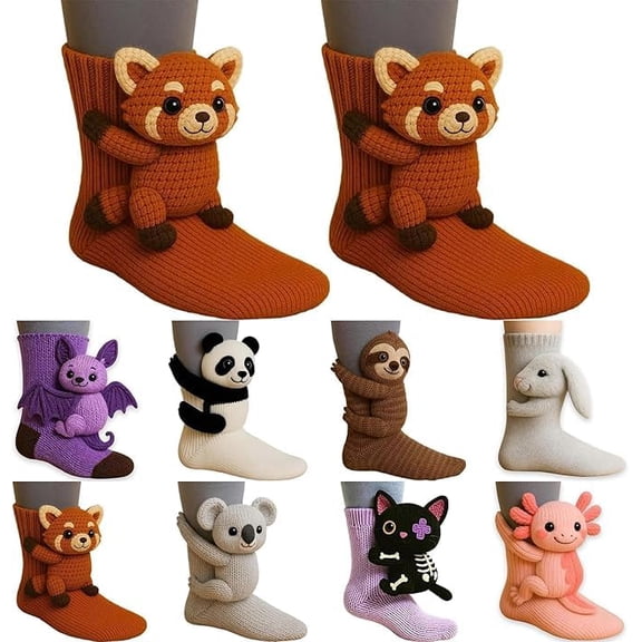 FYHALE 3D Knit Animal Socks Novelty Animal Hug Sock Hand Crocheted Warm Socks Funny Christmas Socks Gifts for Women