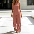 thumbnail image 3 of ibuvkizy Linen Outfit Set Women 2 Piece Sleeveless Round Neck Asymmetrical Hem Tank Tops and High Waist Wide Leg Pants with Pockets and Drawstring,Casual Loose Lounge Sets for Summer Beach Vacation, 3 of 7