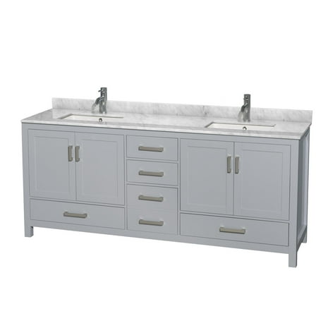 HomeStock Rustic Romance 80 Inch Double Bathroom Vanity in Gray, White Carrara Marble Countertop, Undermount Square Sinks, and No Mirror