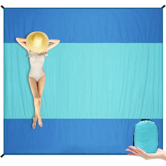 TERRALYX Beach Blanket Waterproof Sandproof 79" x 82"Beach Mat for 4-7 Adults Large Beach Blanket with 4 Pocket and Stakes Sand Blanket Large Picnic Mat for Travel Camping Nylon