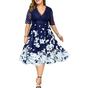 Scvgkk Women's Plus Size Floral Lace Deep V Neck Short Sleeve Dress