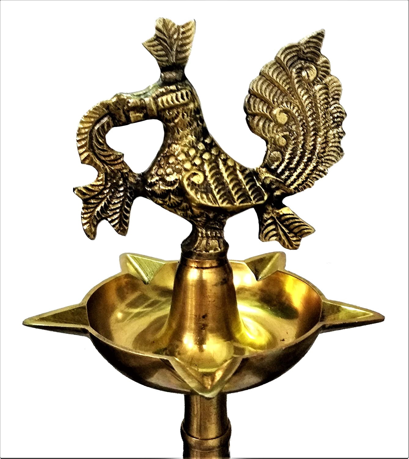 Purpledip Brass Oil Lamp Kuthu Vilakku: Inauguration Festival Diya Peacock Design, 16 Inches (11314)