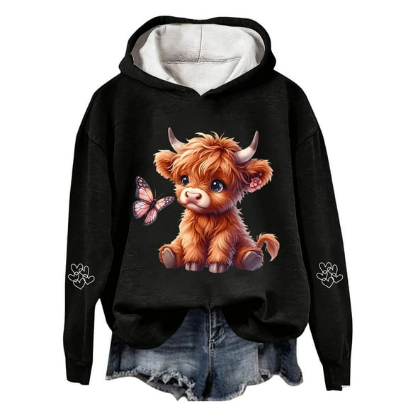 Womens Christmas Hoodies Y2k Highland Cattle Print Long Sleeve Hooded Sweatshirts Xmas Holiday 2025 Pullover Casual Sweaters Winter Clothes