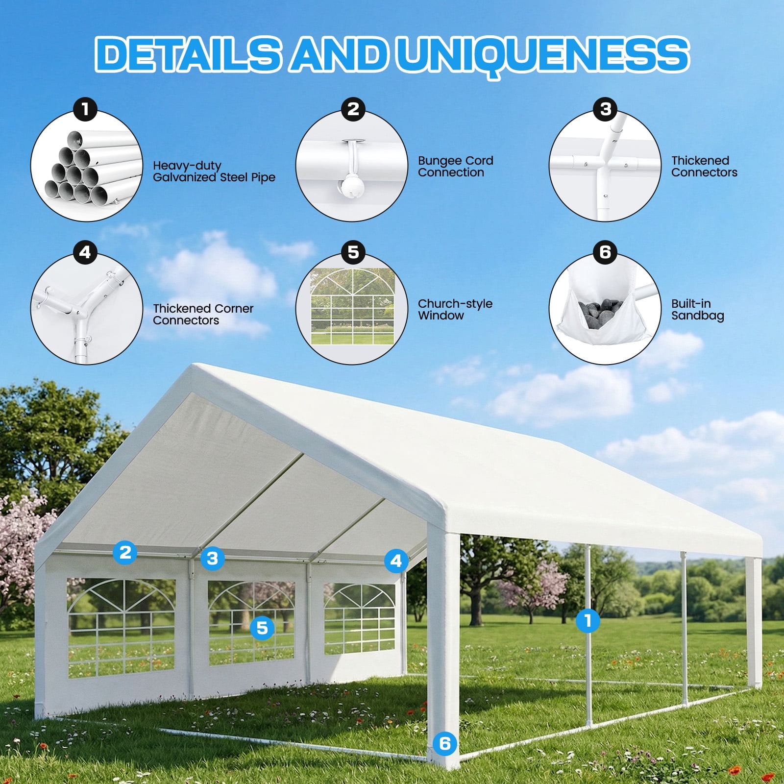 HOTEEL 20x20ft Heavy Duty Party Tent, Commercial Outdoor Canopy Wedding Tents for Parties with 6 Sidewalls & Built-in Sandbags, Waterproof Outdoor Canopy, White