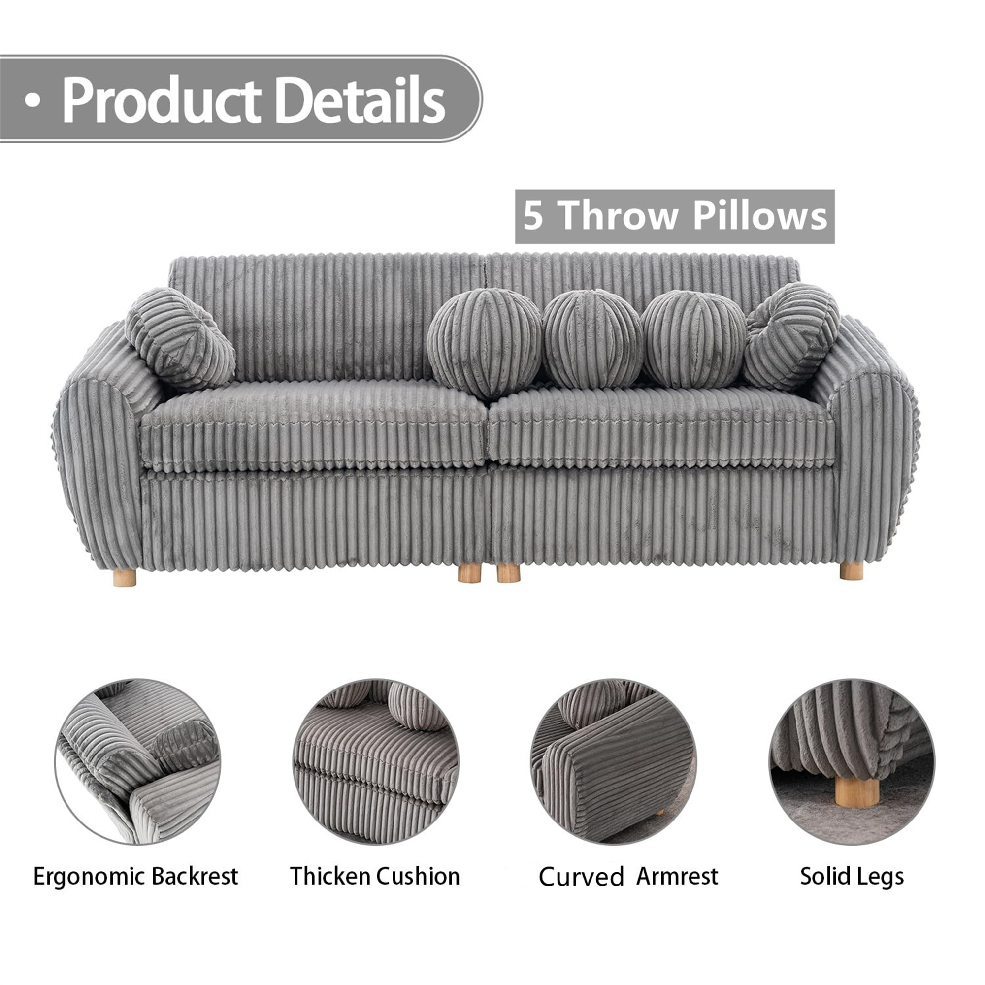Aukfa 85" Modern Comfy Sofa, Upholstered Deep Seat Couch for Living Room, 5 Pillows, Corduroy, Gray