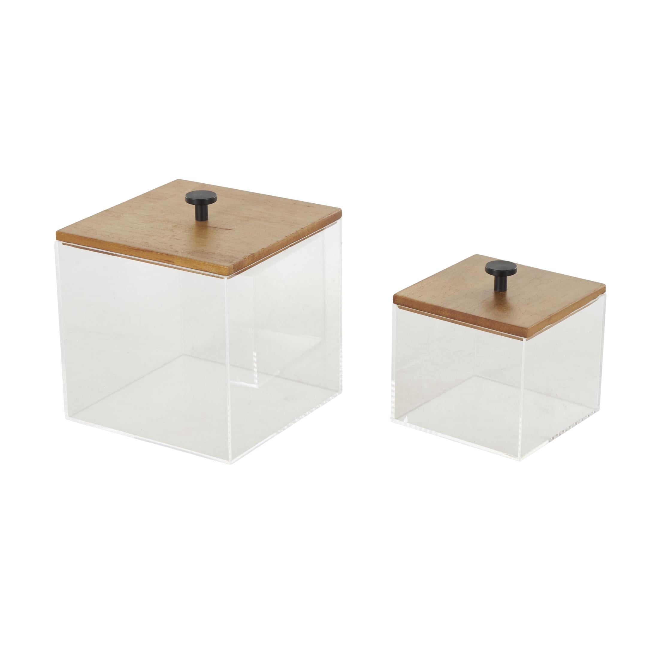 DecMode Clear Acrylic Plastic Decorative Box with Brown Wooden Lids and Black Knobs, 2 Count