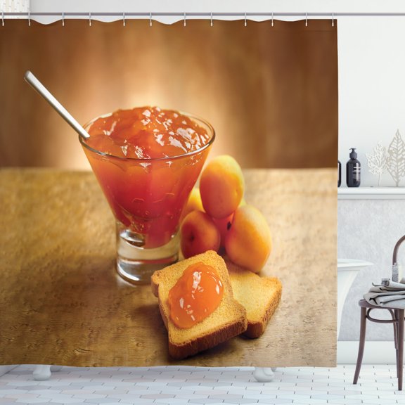 Apricot Shower Curtain, Apricot Jam with Fresh Fruit Breakfast Bread Kitchen Themed Photo, Fabric Bathroom Set with Hooks, 69W X 75L Inches Long, Apricot Burnt Orange Ginger, by Ambesonne
