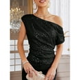thumbnail image 4 of Women's Off Shoulder Sequin Top – Short Sleeve Slim Fit Ruffled Blouse, Shiny Party Clubwear, 4 of 6