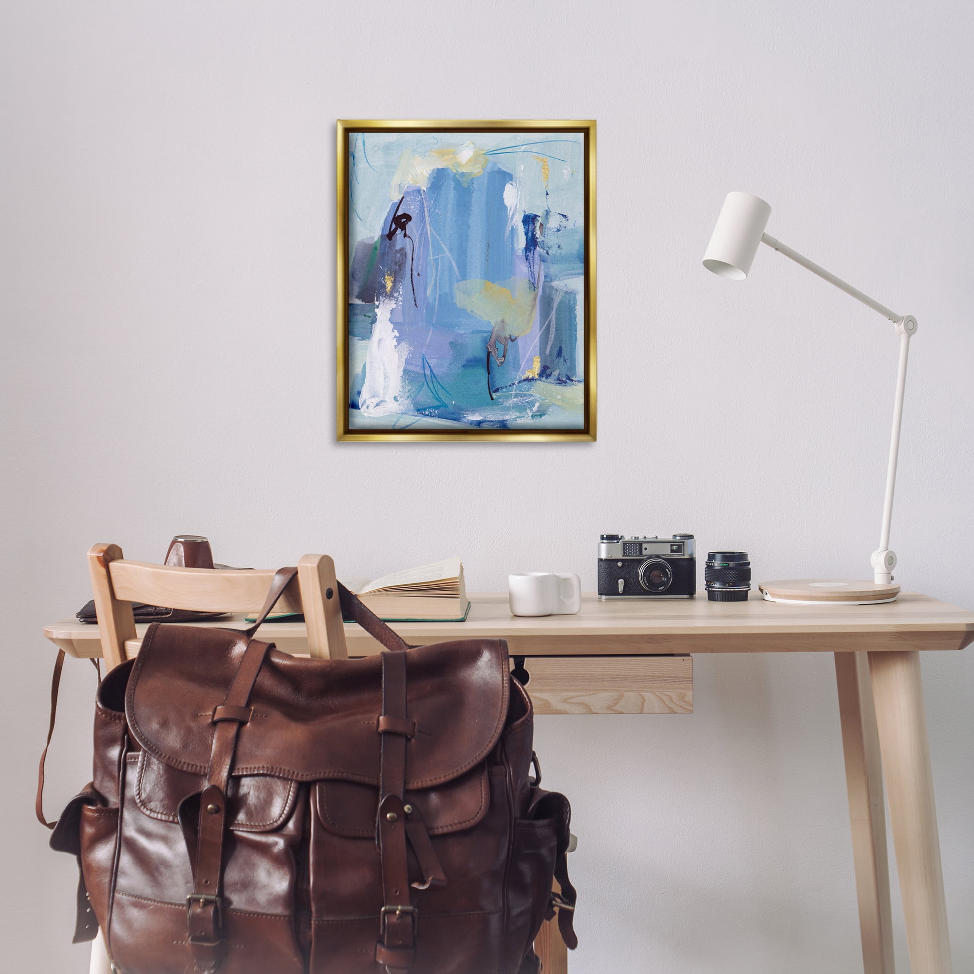 Stupell Industries Blue Abstract with Squiggles Abstract Painting Gold Floater Framed Canvas Art Print Wall Art, 25 x 31