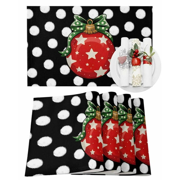 Christmas Placemats Set of 4, Red Star Christmas Ball Place Mats Black Polka Dots Placemat Table Decoration for Kitchen Table Dinner Xmas Holiday Party Home Decor Indoor Outdoor 13x19 Inch
