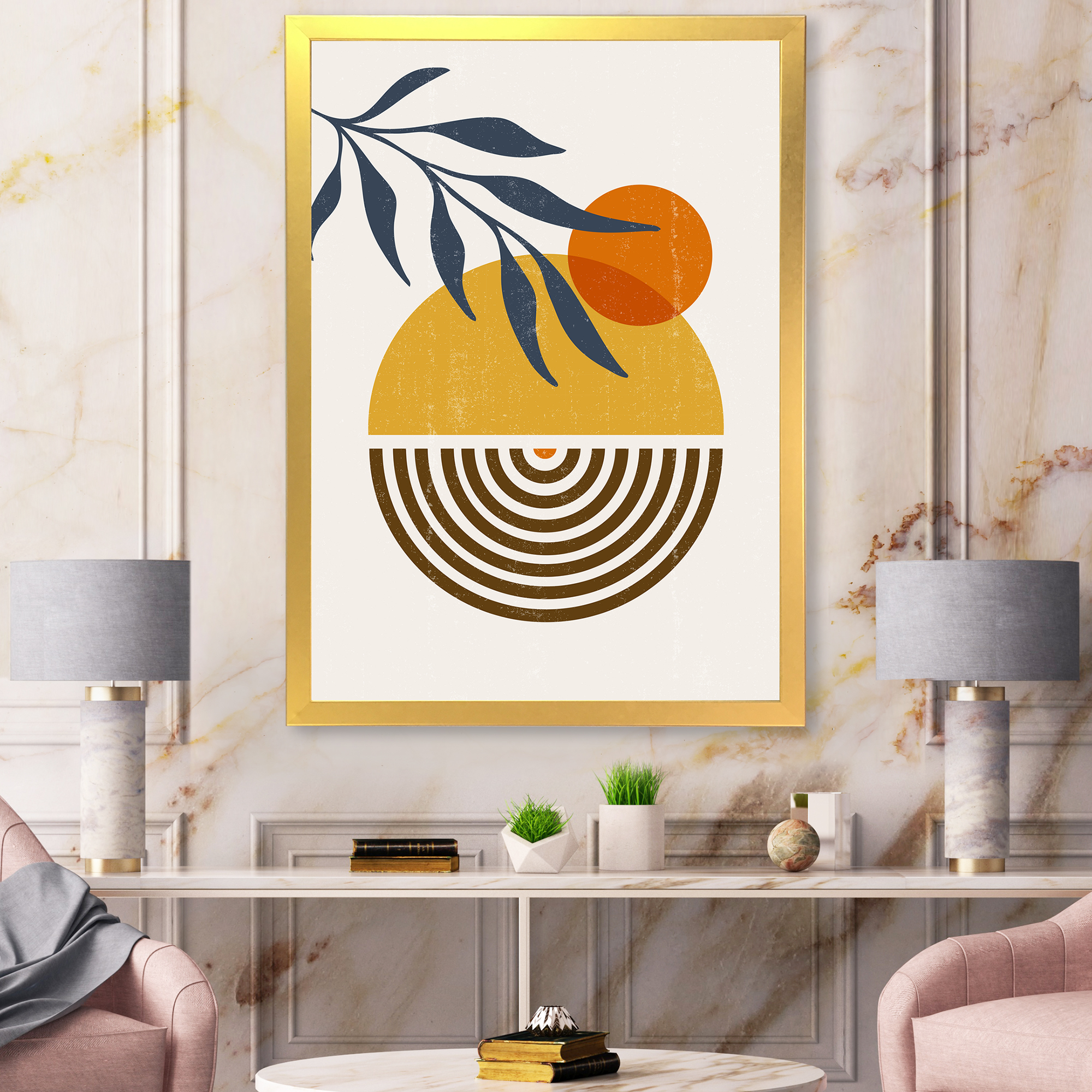 Designart 'Abstract Shapes With Botanical Minimalist Leaf IV' Modern Framed Art Print