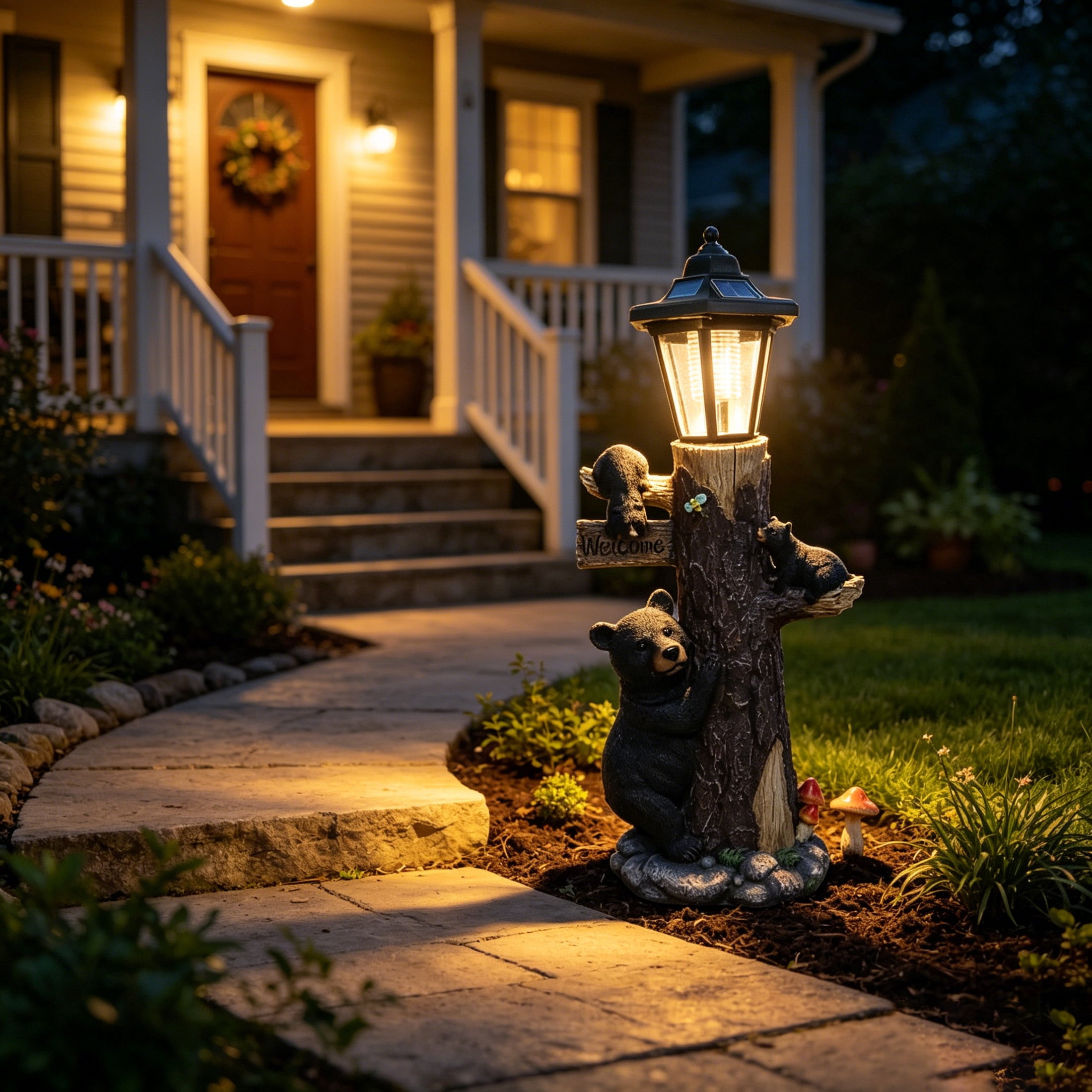 GDF Studio 18" Bear Family Tree Statue with Solar-Powered Light and Welcome Sign for Courtyard, Garden and Patio, Black
