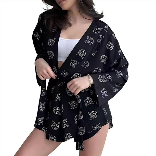 Pijama Holgado con Estampado para Mujer, Informal, con Cordones, de Larga y Pantalones Cortos de Cintura Alta, para el Hogar. Negro M