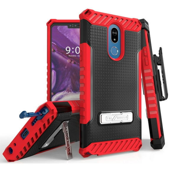 Red Tri-Shield Rugged Case Cover and Belt Clip Holster [with Metal Kickstand   Wrist Strap Lanyard] for LG Stylo 5, Stylus-5