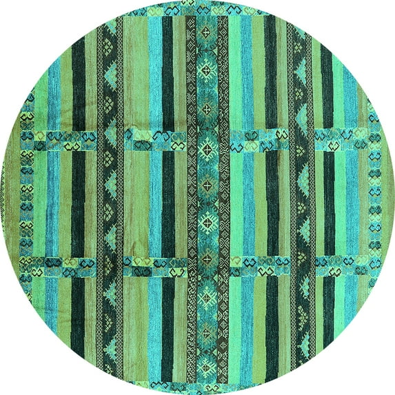 Ahgly Company Machine Washable Indoor Round Oriental Turquoise Blue Industrial Area Rugs, 4' Round