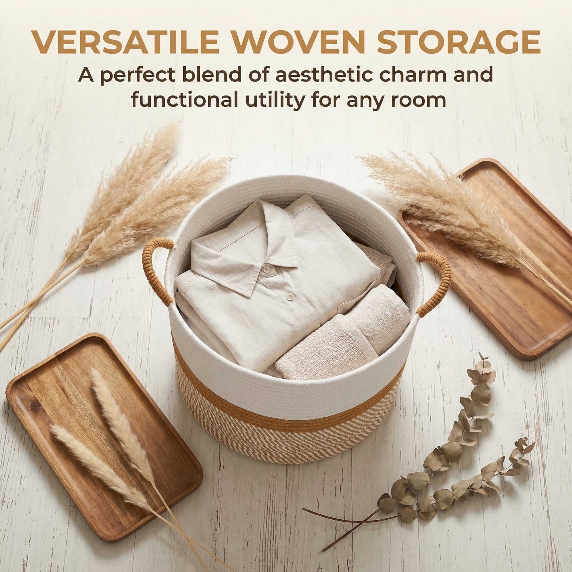 Unique Bargains Multiple Use Woven Storage Bin for Home White Coffee 13.8*13.8*10.6in