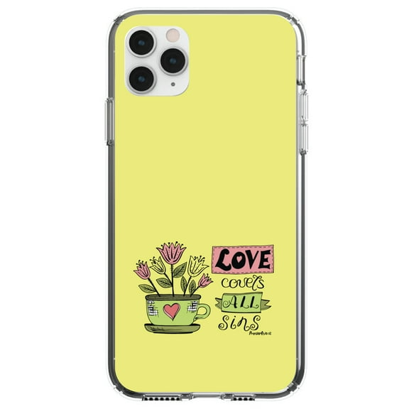 DistinctInk Clear Shockproof Hybrid Case for iPhone 12 MINI (5.4" Screen) - TPU Bumper, Acrylic Back, Tempered Glass Screen Protector - Proverbs 10:12 - Love Covers All Sins