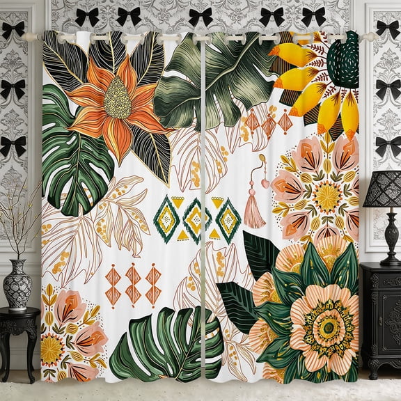 Manfei Boho Flower Leaves Blackout Curtains,Hippie Floral Damask Window Curtains Pack of 2 (38x45 Each)