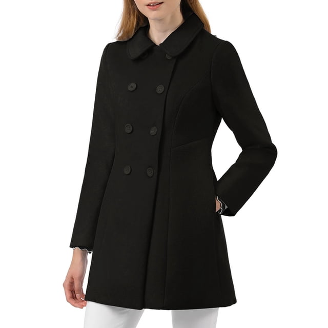 Abrigo largo de invierno de doble botonadura con cuello Peter Pan para mujer Inspire Chic, color negro, talla M