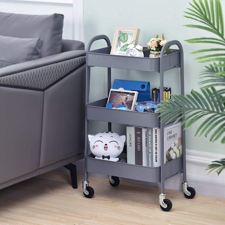 3-Tier Metal Rolling Cart With Lockable Wheels - Utility Storage Organizer For Kitchen, Office, Garage