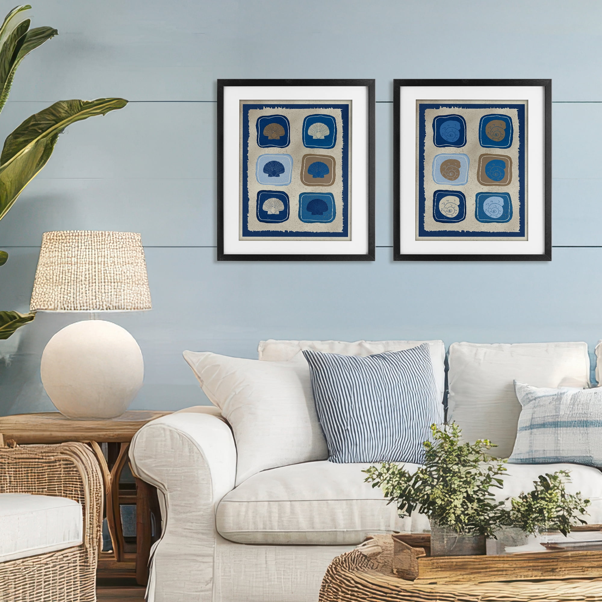 Stupell Industries Blue Blocked Seashells 2 Piece Black Framed Print Under Glass Set, design by Julia Frost