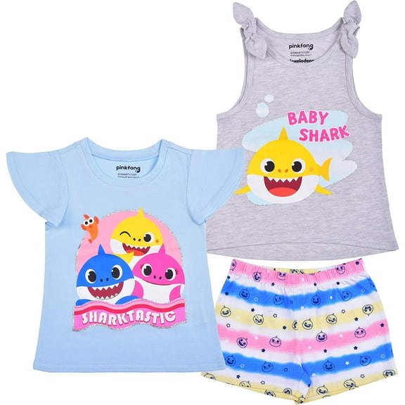 Baby Shark, Daddy Shark and Mommy Shark Girls 3 Piece 2 Short Sleeve Tee and Short Set, Infant