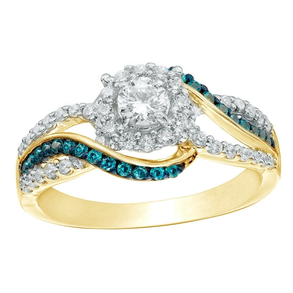 AFFY Blue & White Natural Diamond Frame Bypass Split Shank Engagement Ring in 10k Yellow Gold By