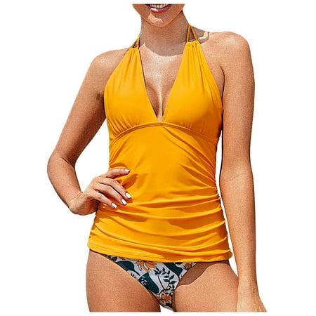 QYZEU Swimsuit for Women 2024 Plus Size Womens Tankini Swimsuits Hanging Neck V Neck Tankini Tops with Bikini Bottom Two Piece Bathing Suits Boys Swim Suits Yellow XL