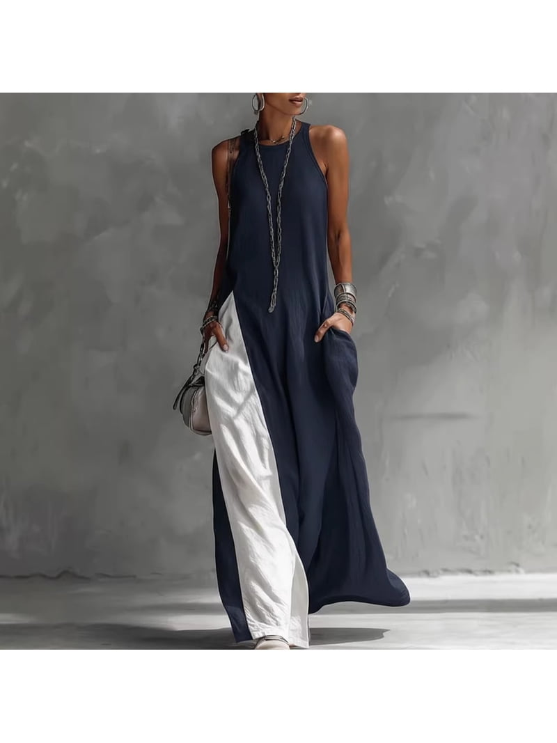 2026 New European and American Women's Sleeveless Loose Pocket Color-Block  Casual Off-Shoulder Dress