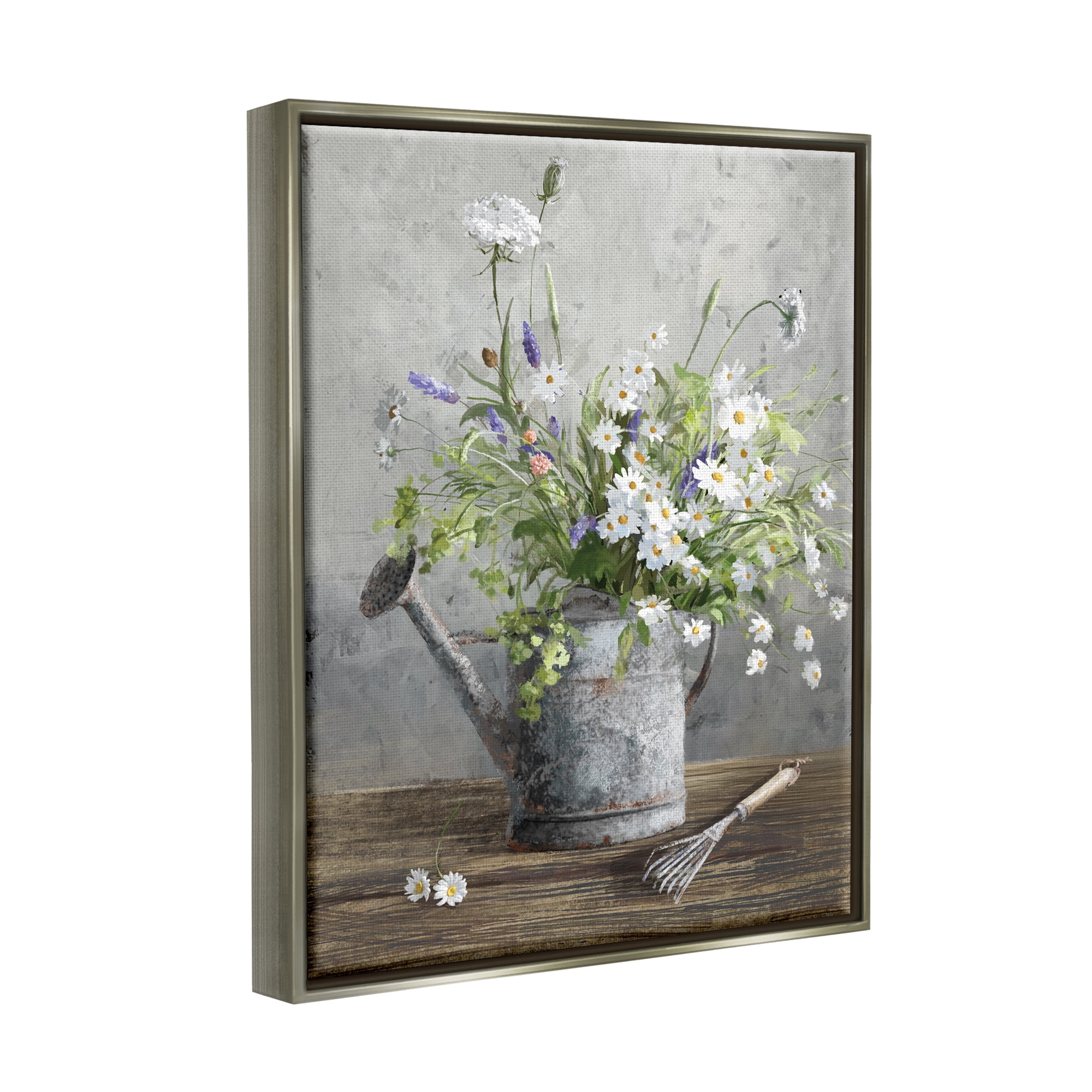 Stupell Industries Gardening Can Daisy Bouquet Botanical & Floral Painting Gray Floater Framed Art Print Wall Art, 17 x 21
