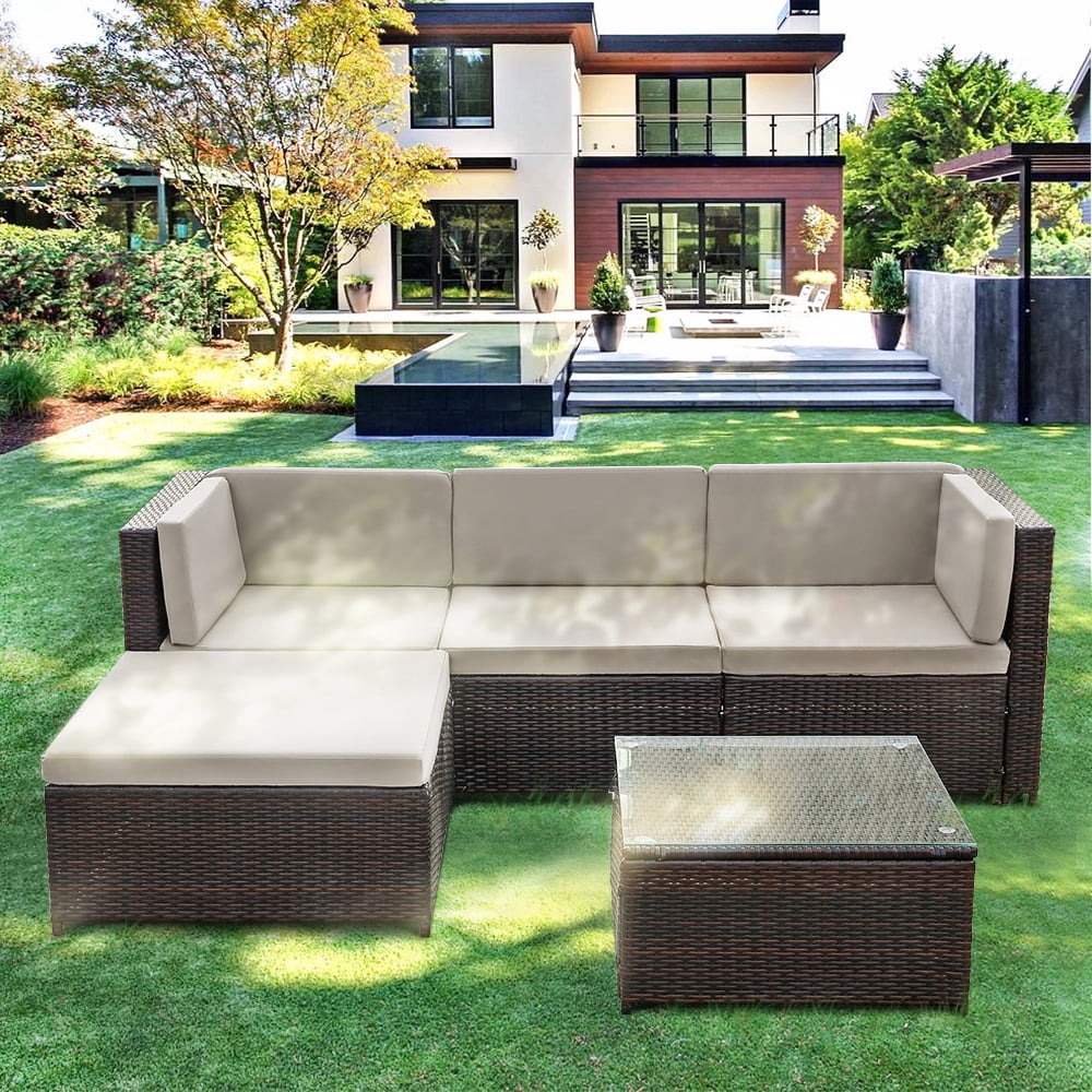 iKayaa 5PCS Outdoor Patio Garden Wicker Furniture PE Rattan Sofa Set