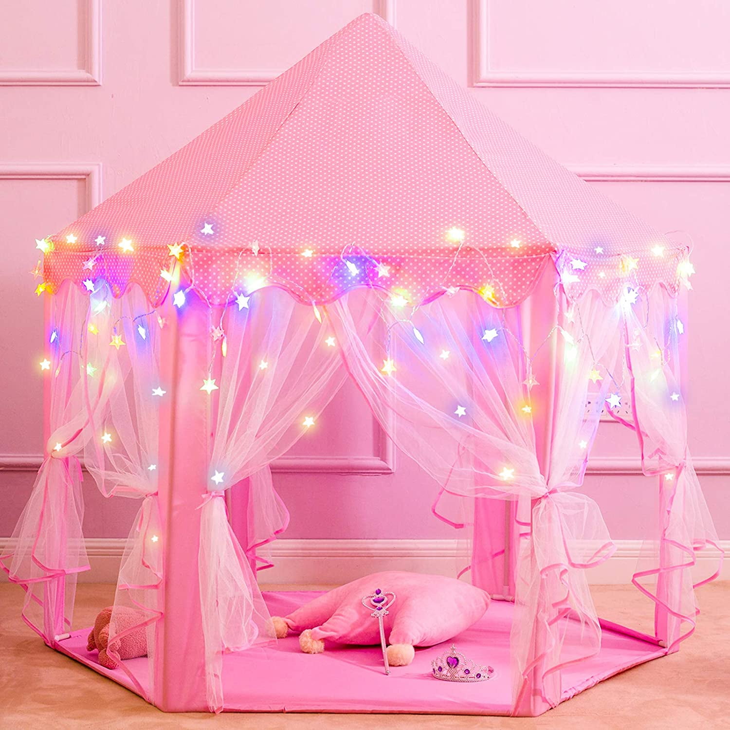 Princess Castle Play Tent Large Indoor/Outdoor Kids Girls Pink Toy w/ Star Light