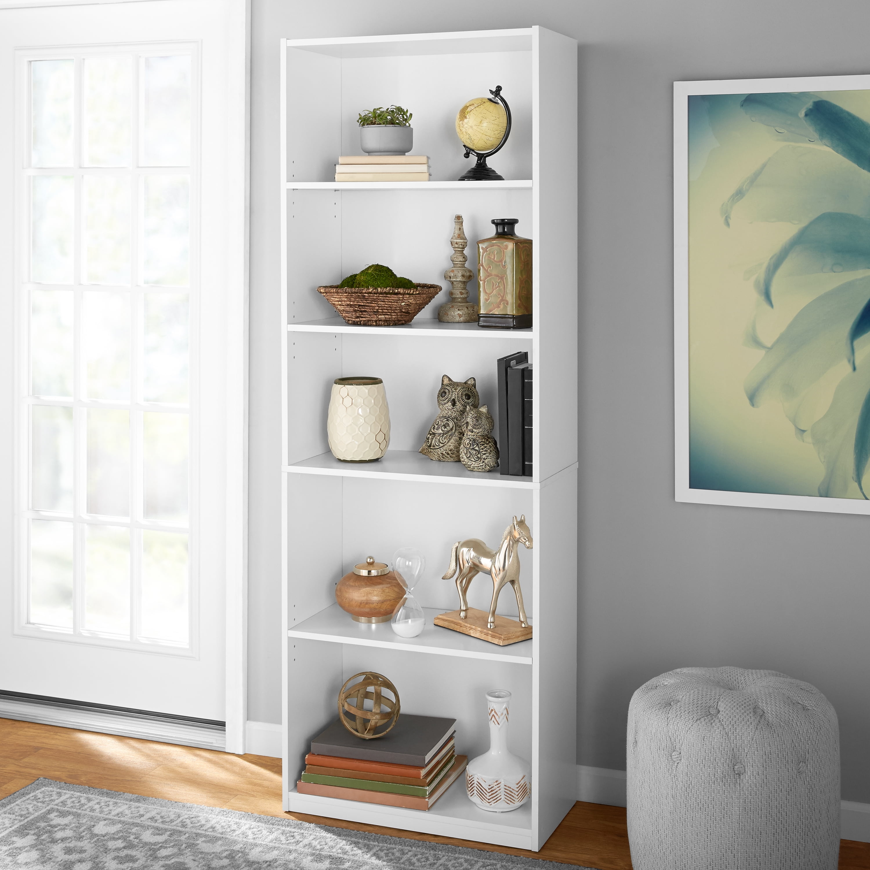 5-Shelf Wood Bookcase White 