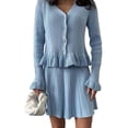 thumbnail image 2 of Women'S Two-Piece Knit Set Long Sleeve V-Neck Sweater with Ruffle Hem Mini Skirt Loungewear Blue M, 2 of 7