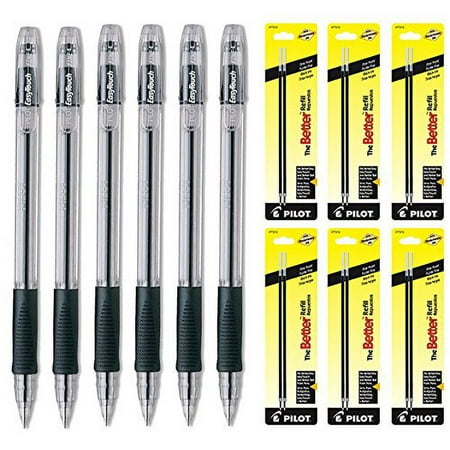 Pilot EasyTouch Ball Point Stick Pen, Fine Point, Black Ink 6 Pens & 12 Refills