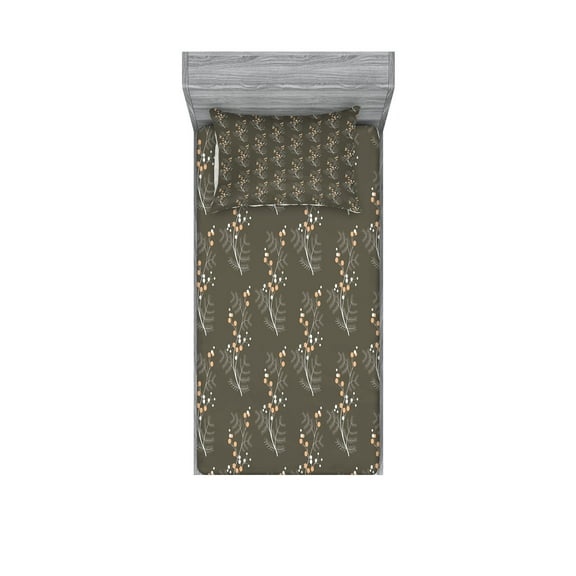 Ambesonne Flower Fitted Sheet & Pillow Sham Set, Spring Buds Branches, Twin, Orange White Grey