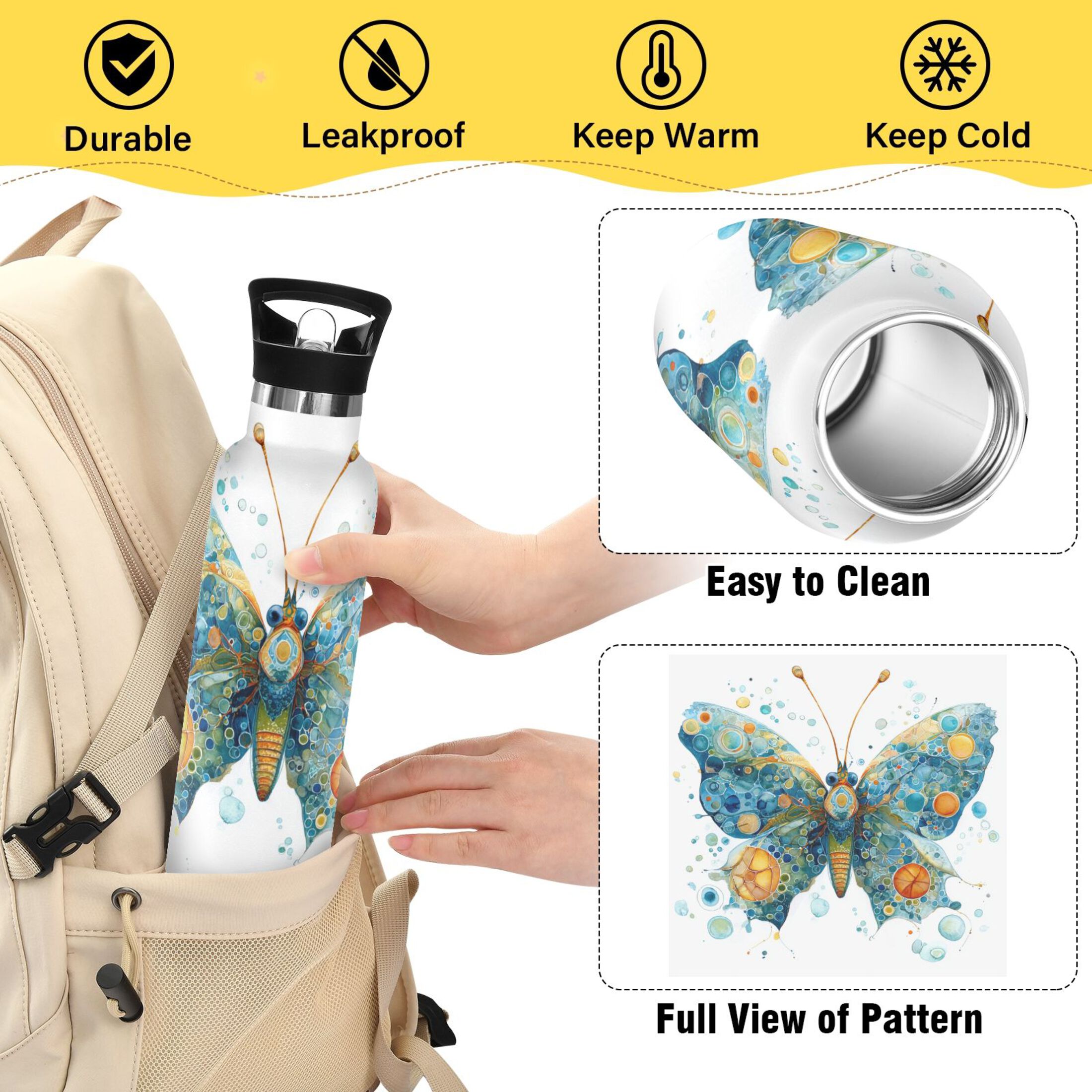 Kids Insulated Stainless Steel Sports Water Bottle 600ml (20oz) Intricately Butterfly