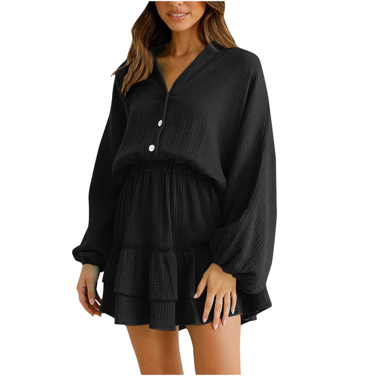 qolati Women's Mini Dresses 2023 Fall Lantern Sleeve V Neck Button Up  A-Line Dress Fashion Layered Ruffle Hem High Waist Party Holiday Dress -  Walmart.com